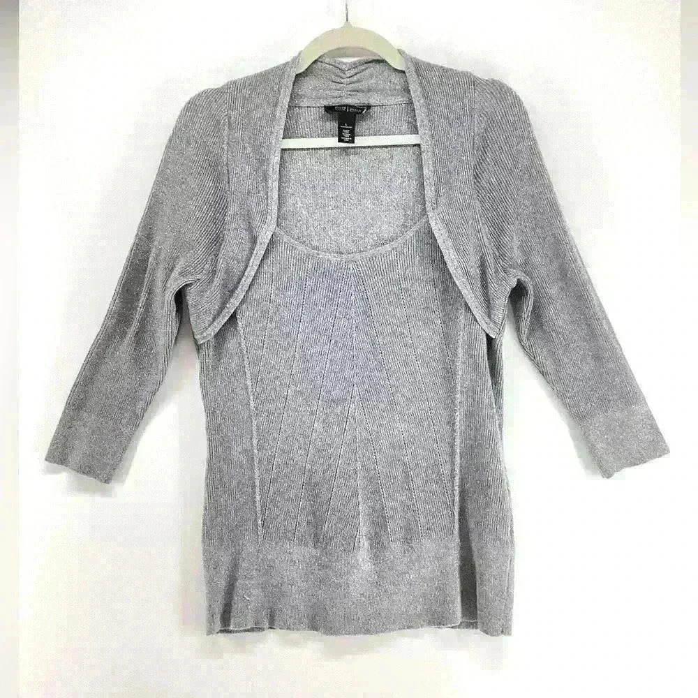 L WHBM White House Black Market Women Silver Sweater Party A92